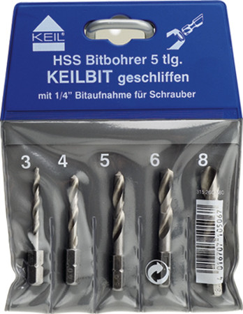 HSS Bitbohrer KEILBIT, geschliffen, 3 / 4 / 5 / 6 / 8 mm, in SB-Satztasche, 5-tlg.